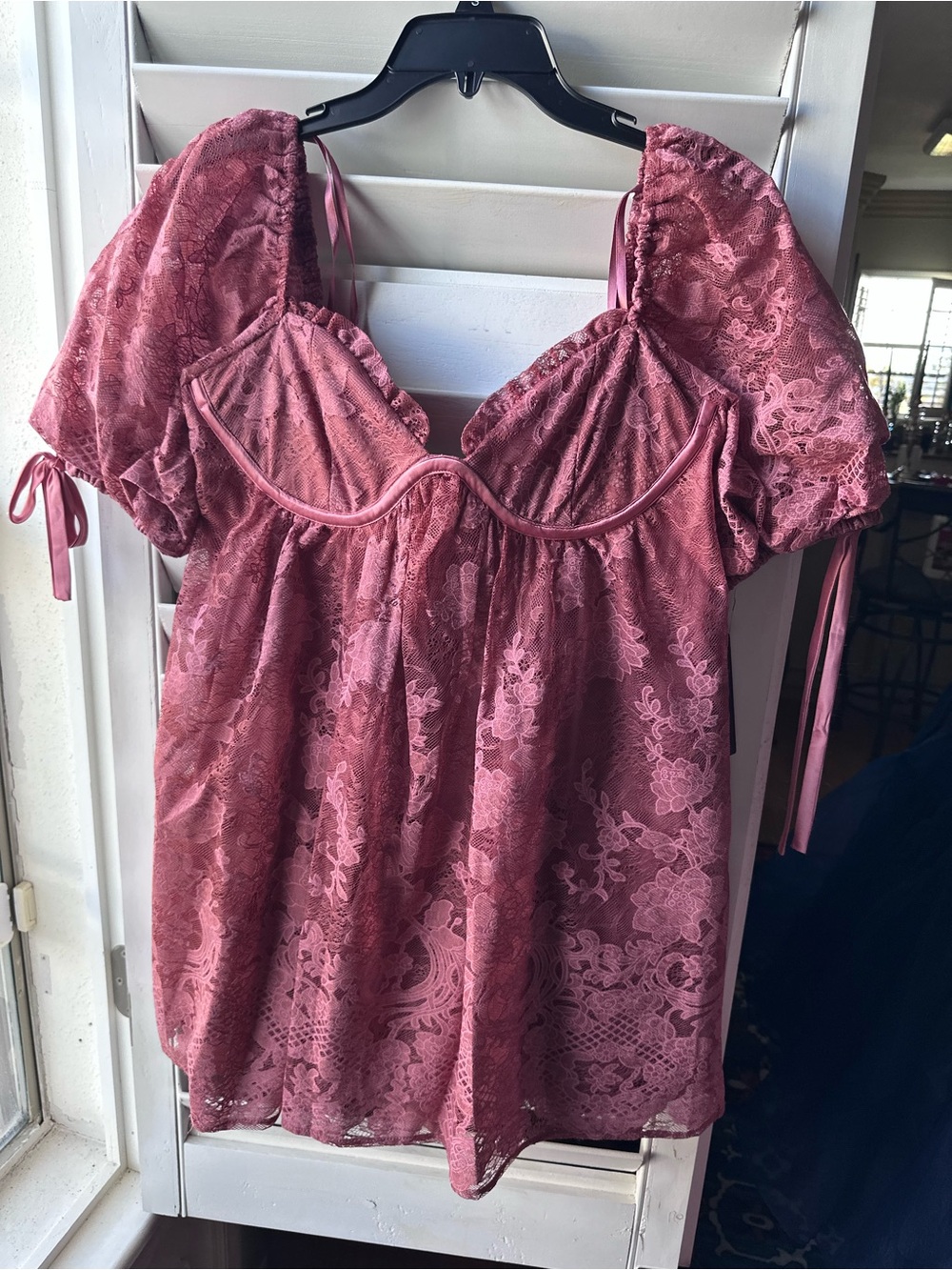 Lace Puff-Sleeve Babydoll Top - Dusty Rose